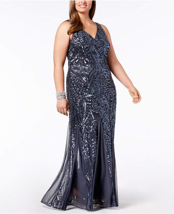 Night Way Nightway Plus Size Sequined Mesh Gown
