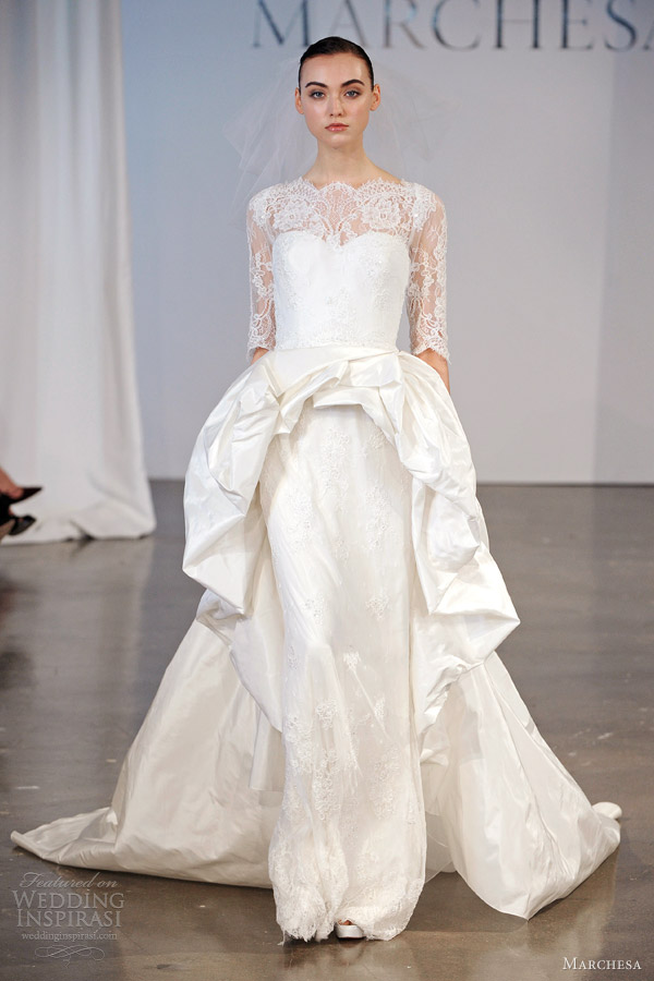 marchesa bridal spring 2014 half sleeve lace bodice wedding dress peplum overskirt