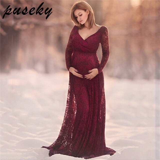 Puseky Lace Maternity Dress Gown Wedding Party Trumpet Dresses Pregnant Women Long Maxi V Neck Dress 640x640