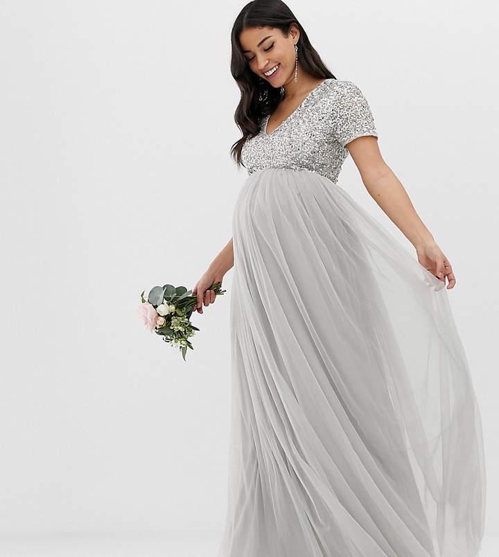 Maya Maternity Bridesmaid v neck maxi tulle dress with tonal delicate sequins in soft gray