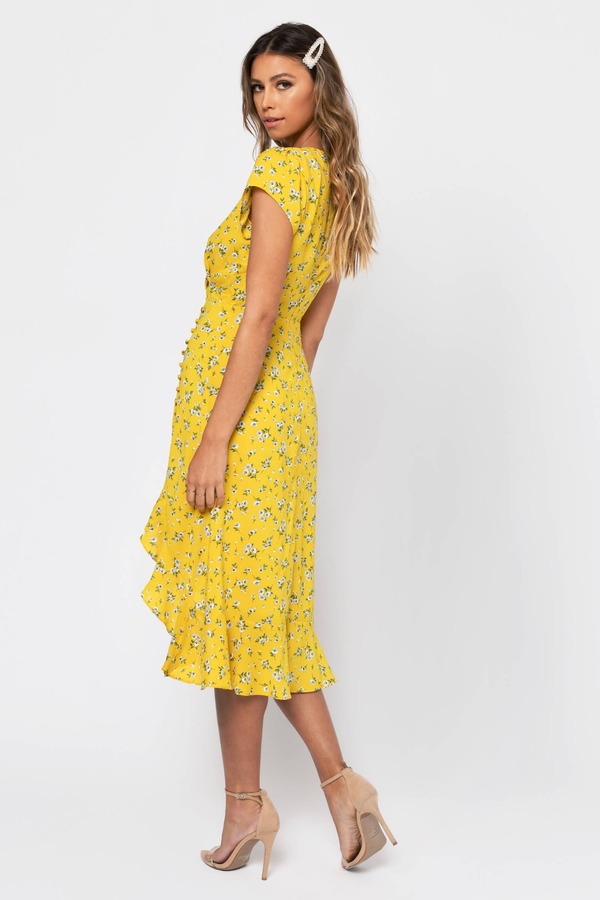 yellow tea party floral print midi dress