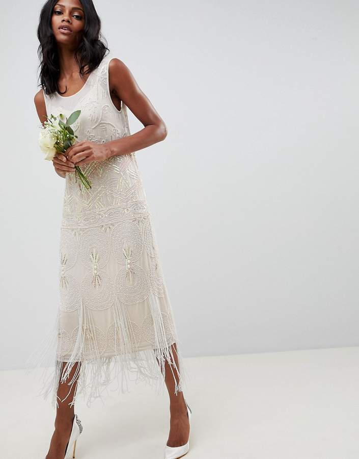 Asos Edition EDITION fringe embellished midi wedding dress with a low back