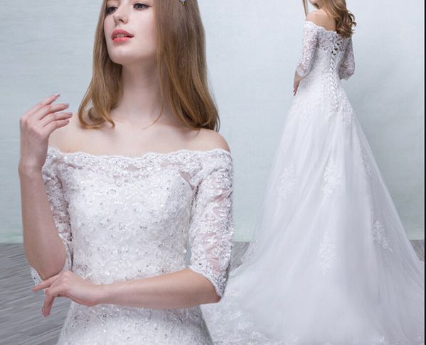 Mini Bride Dress with Train Elegant Discount Robe De Mariage New A Line White Lace Appliques Beaded Wedding Dress Court Train F the Shoulder Half Sleeve Modest Wedding Gowns Hot Sale