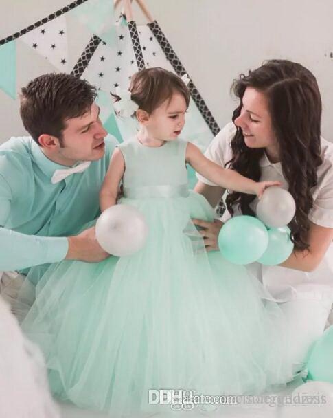 Mint Dresses for Wedding Inspirational 2019 Lovely Mint Tulle Ball Gown Flower Girl Dresses for Weddings Jewel Cut Out Back Bow Sash Floor Length Birthday Party Gown