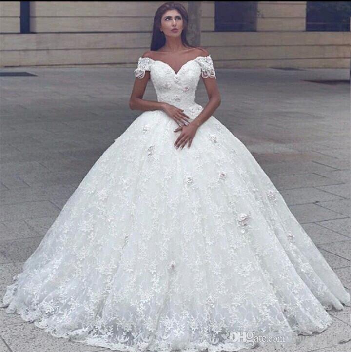 Modern Lace Wedding Dresses Elegant 2018 Arabic Capped Sleeves Ball Gown Wedding Dresses F Shoulder 3d Flowers Beaded Lace Princess Floor Length Puffy Plus Size Bridal Gowns Modern