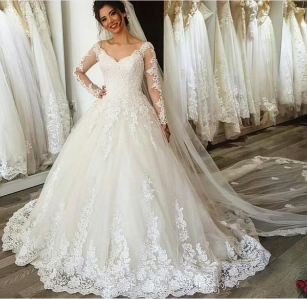 Modest Wedding Dresses with Long Sleeves Beautiful Long Sleeve Wedding Dresses 2019 Modest V Neck Full Lace Applique Sweep Train Dubai Arabic Princess Church Wedding Gown Canada 2019 From Readygogo