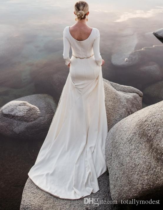 Modest Wedding Dresses with Long Sleeves Inspirational Long Sleeves Modest Wedding Dresses 2017 Beaded Belt Jersey Beach Bridal Gowns Sleeves Custom Made Cheap Wedding Gowns Mature Bride New Mermaid