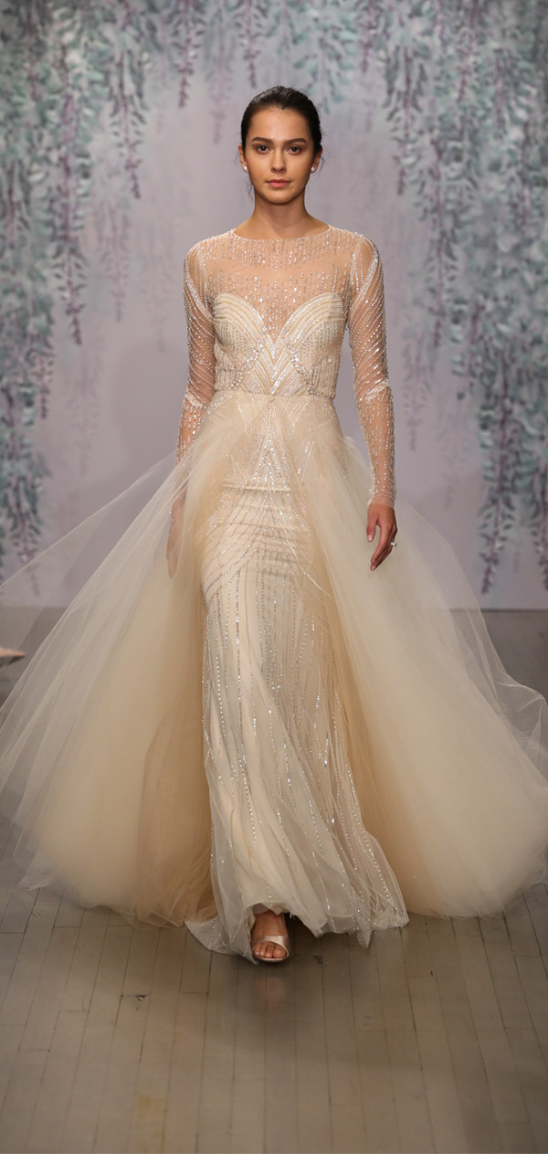 Monique Lhuillier sparkle champagne long sleeve overlay sweetheart tulle bridal gown
