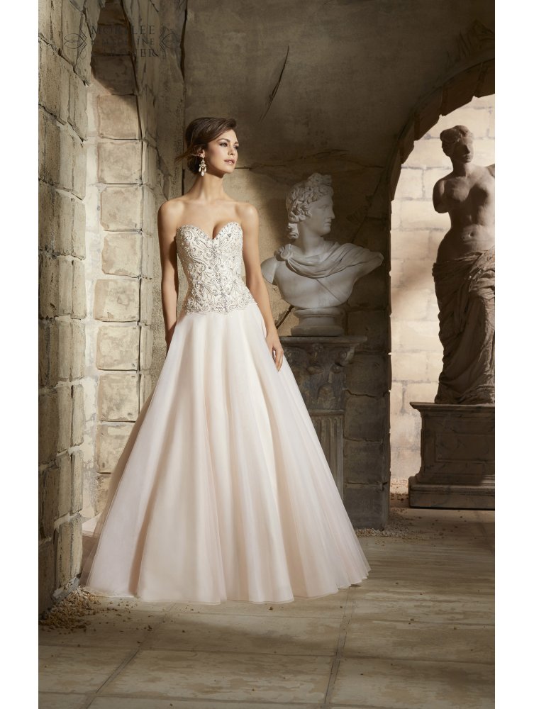 mori lee tea length crystal beaded tulle bridal gown ivory p3019 image