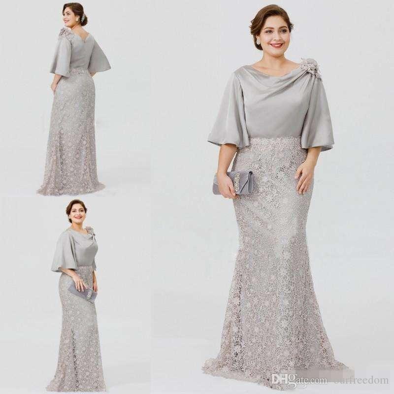 Mother Of the Groom Dresses for Fall Outdoor Wedding Beautiful 2019 New Silver Elegant Mother the Bride Dresses Half Sleeve Lace Mermaid Wedding Guest Dress Plus Size formal evening Gowns