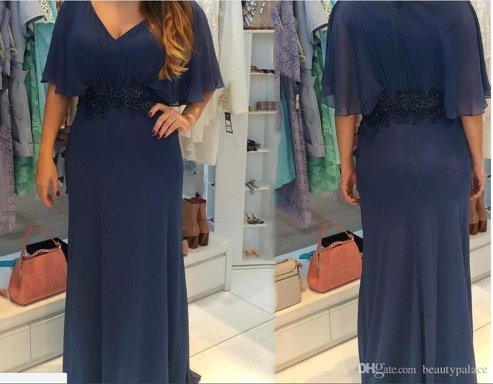 Mother Of the Groom Dresses for Summer Beach Wedding Unique Plus Size Vintage Mother Of Bride Groom Dresses 2019 New V Neck Short Sleeves Sheath Flowy Chiffon Long Mother formal evening Gowns
