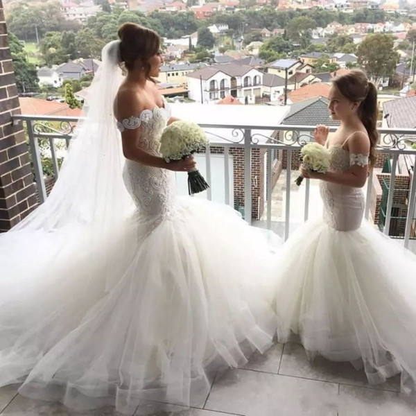 Mothers Dresses for Daughters Wedding Beautiful top Quality Y Mermaid Flower Girl Dresses Wedding Spaghetti Straps Lace Appliqued White Tulle Mother and Daughter Wedding Dresses 2019 Flower Girl