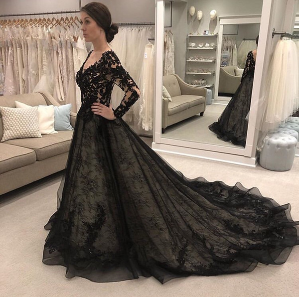Naked Wedding Dress Unique Discount 2019 New Black Nude Gothic Wedding Dresses with Long Sleeves V Neck Beaded Lace Appliques Illusion top Women Non White Bridal Gowns Slim Line