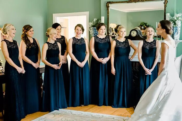 Navy Blue Wedding Dresses Unique 2018 Elegant Lace Bridesmaid Dresses Navy Blue Chiffon Wedding Guest Gowns Crew Wedding Prom formal Party Gowns Long Floor Length Cheap Modest