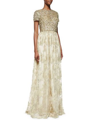 Neiman Marcus Wedding Dresses Elegant Badgley Mischka Short Sleeve Sequin Bodice Gown