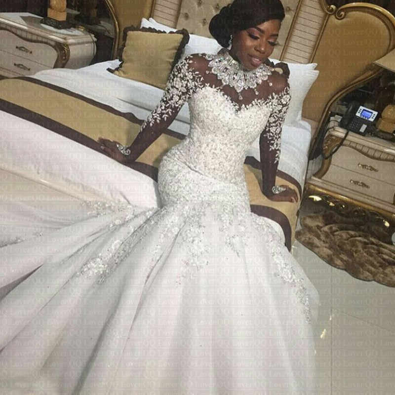 2019 Luxury Gorgeous Neck Wedding Dresses African Nigerian Beaded Sheer Long Sleeves Mermaid Bridal Gowns Arabic q50