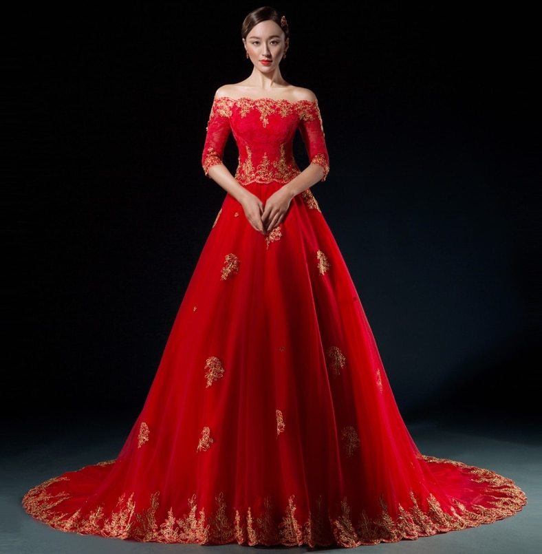 Non White Wedding Dresses Fresh 2017 Red Gold Arabic Wedding Dresses Half Sleeves F the