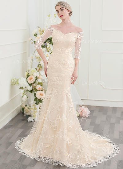 Off the Shoulder Wedding Dresses Elegant Trumpet Mermaid F the Shoulder Court Train Lace Wedding Dress