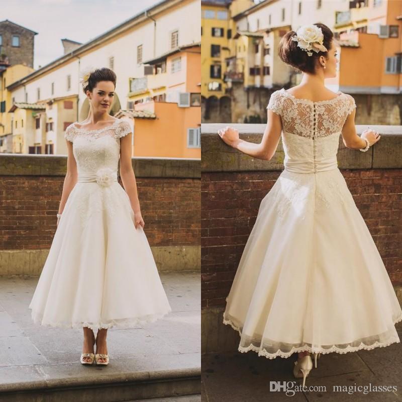 Old Fashion Wedding Dresses Luxury Discount Tea Length Vintage Lace Plus Size Wedding Dresses 2017 A Line Scoop Cap Sleeves Arabic Country Rustic Wedding Gowns Bridal Dresses Flowers