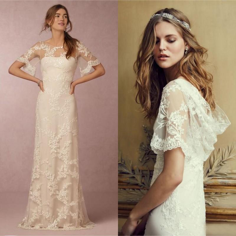 Old Hollywood Wedding Dresses Unique 2016 Vintage Country Wedding Dresses Sheath Beach Lace Appliques Floor Length Bridal Gowns Illusion Bateau Neck Short Sleeves Draped Back