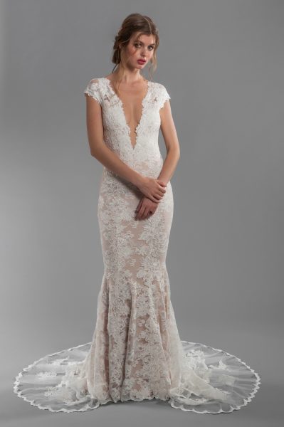 olvis cap sleeve all lace deep v neck fit and flare wedding dress with deep v back 399x600