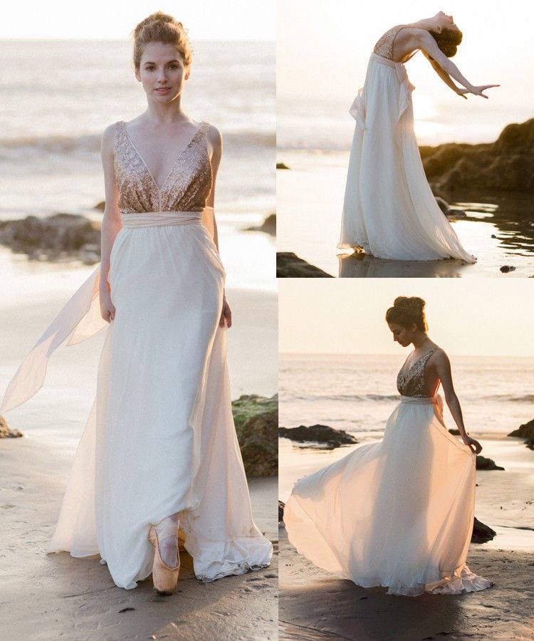 Outdoor Wedding Dresses New Y Open Back Deep V Neckline Sequins Wedding Dress