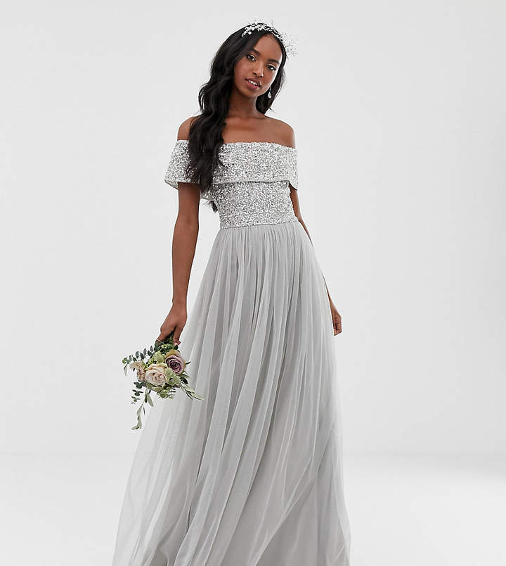 Bardot Maya Tall Bridesmaid maxi tulle dress with tonal delicate sequins in soft grey