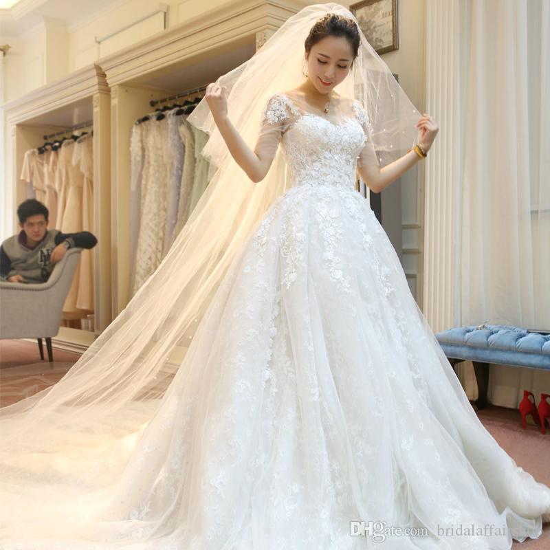 Petite Wedding Dresses Lovely Illusion Neckline Court Train Sheer Back Lace Appliques Tulle Wedding Dress with Appliques Lace Half Sleeves