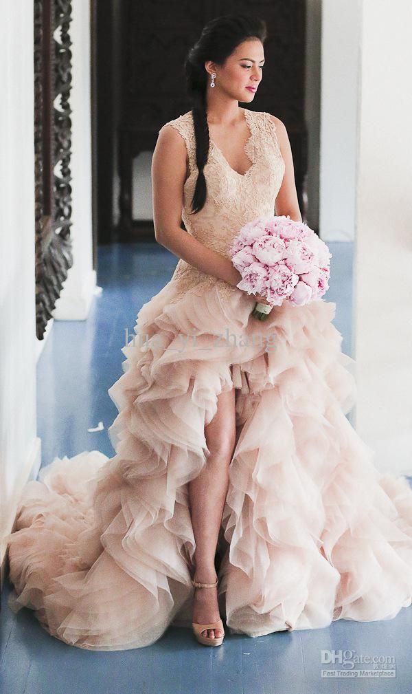Pink Beach Wedding Dress Elegant Blush Bridal Wedding Dresses A Line V Neck Lace with Ruffled
