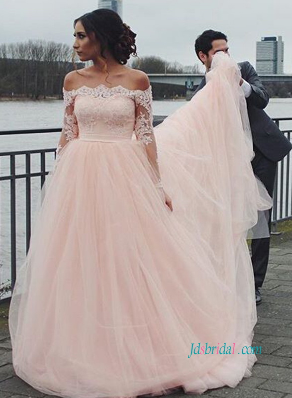 PD pink blush off shoulder tulle skirt long prom gown graduation dress colored wedding dresses