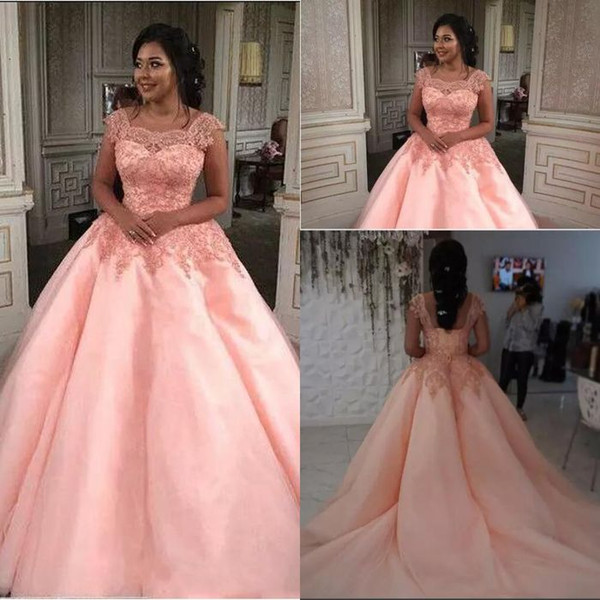 Pink Wedding Dresses for Sale Unique Discount 2018 Square Neckline Wedding Dresses Short Sleeves with Lace Applique A Line Bridal Gowns Back Zipper Custom Made Wedding Gowns Light Pink