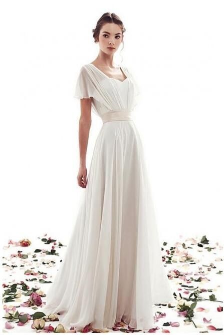 Plain Wedding Dresses Unique Lace Up Simple Short Sleeves A Line Vintage Wedding Dress