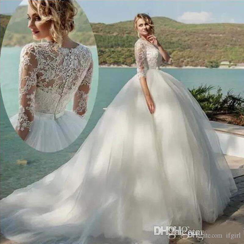Plus Size Ball Gown Wedding Dresses New Elegant 2019 Jewel Neck Lace Ball Gown Wedding Dresses Half Sleeve Appliques See Through Back Long Custom Made Wedding Dress