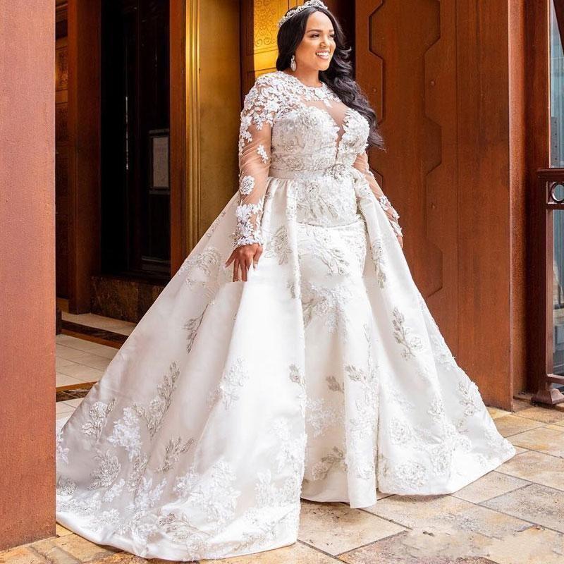 Plus Size Champagne Wedding Dresses Lovely Modest Plus Size Wedding Dresses 2k19 Sheer Neckline Appliques Lace Satin Overskirt Wedding Dress Logn Sleeves African Mermaid Bridal Gowns Romantic