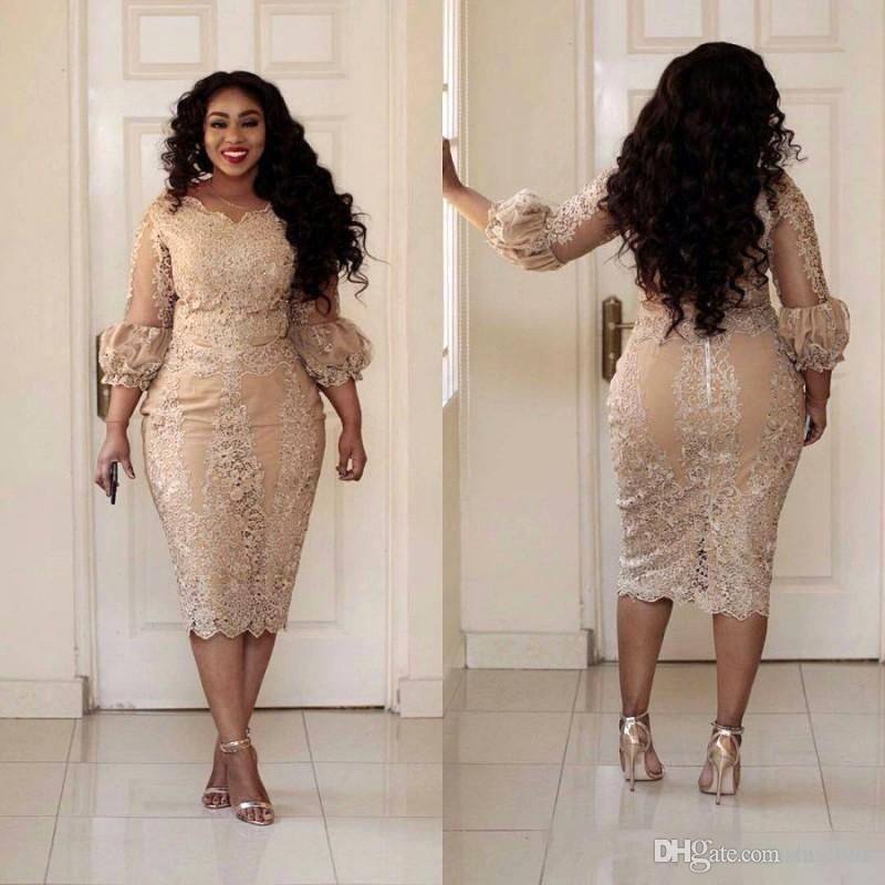 Plus Size Dresses to attend A Wedding New Short Champagne Lace Plus Size Mother the Bride Dresses Long Puff Sleeve Sheath Tea Length Women formal Party Gowns Custom Size Mother the Groom