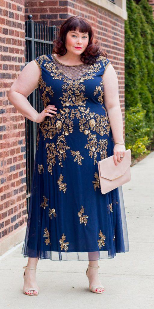 plus size wedding guest dresses tea length with cap sleeves navy with gold simply be 512x1024