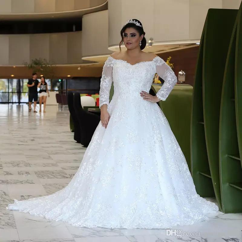Plus Size Long Dresses for Wedding Lovely Discount Sparkly Long Sleeves Lace Plus Size Wedding Dresses 2019 with Beaed Appliques F Shoulder Sweep Train Tulled A Line Wedding Bridal Gowns