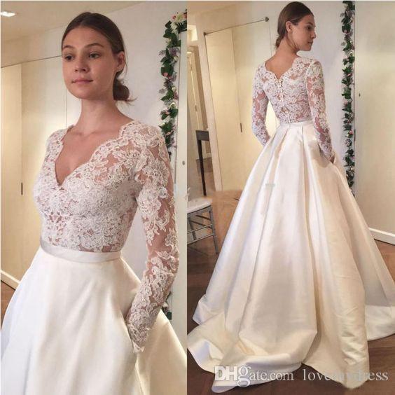 Plus Size Long Sleeve Wedding Dresses Beautiful Discount 2018 V Neck Princess Wedding Gowns Plus Size Illusion Long Sleeve See Through Designer with Pockets Satin Court Train Bridal Dresses Cheap