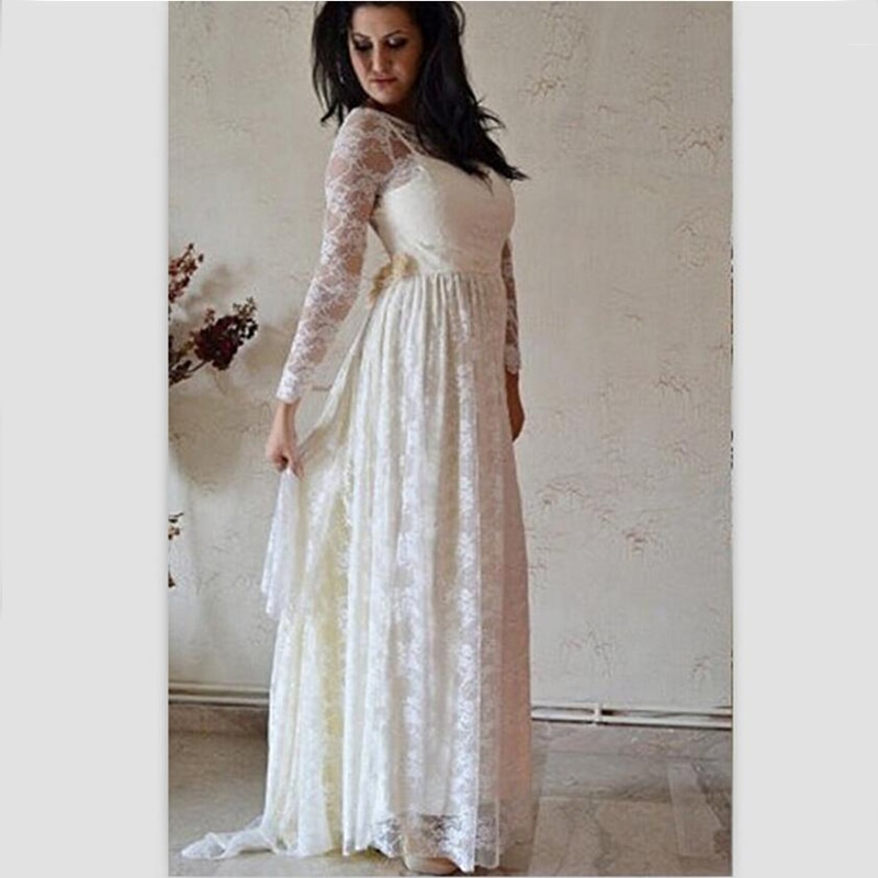 BU Simple Beach Long Sleeves Wedding Dress Maternity Women 2015 White Lace Floor Length Bohemain Bridal