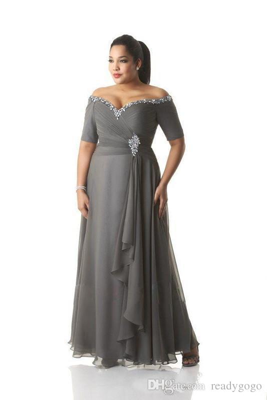 Plus Size Mother Of the Bride Inspirational Plus Size Grey Mother Of the Bride Dresses with Sleeve 2019 F Shoulder Crystal Beaded Long Mother Groom Prom Party Dresses Wear