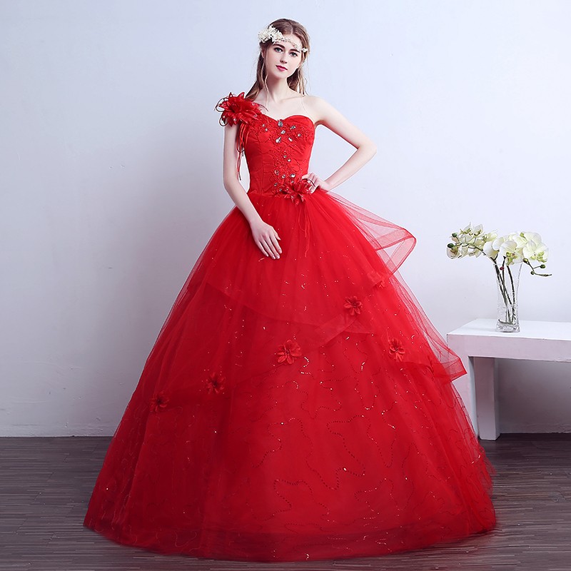 Plus Size Red Wedding Dresses Lovely wholesale E Shoulder Flowers Princess Red Wedding Dress Crystal Tulle Lace Up Back Plus Size Customize Bridal Gowns
