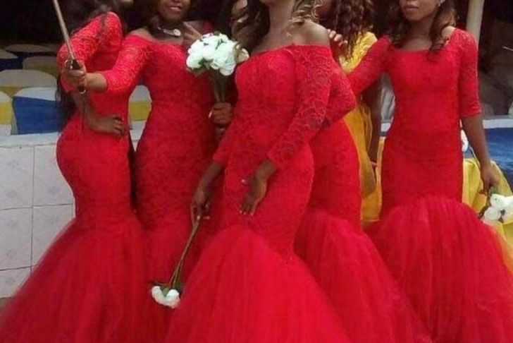 Plus Size Red Wedding Dresses New Plus Size Long Sleeve Lace Mermaid Bridesmaid Dresses Red Tulle Arabic Party Maid Honor evening Gowns for Wedding Guest 2017 Inexpensive