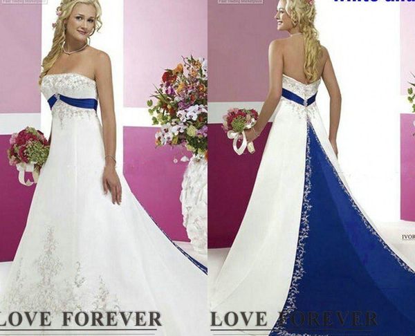 Plus Size Silver Wedding Dresses Luxury Discount 2018 Vintage Country Plus Size Wedding Dresses Silver Embroidery Satin White and Royal Blue Lace Up Two tone Bridal Gowns Cheap Halter A