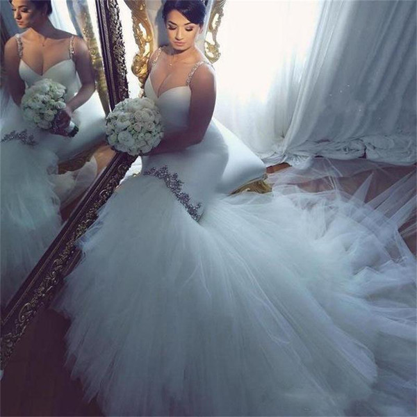 Plus Size Trumpet Wedding Dress Beautiful African Plus Size Wedding Dresses with Spaghetti Straps Beads Crystals Mermaid Wedding Dress Cheap Tulle Y Back Bohemian Bridal Gowns Princess