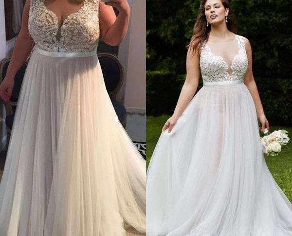 Plus Size Wedding Dresses Cheap New Discount 2017 Vintage Country Lace Plus Size Wedding Dresses Sheer V Neck A Line Tulle Wedding Bridal Gown Cheap Custom Made Sweep Train Vintage