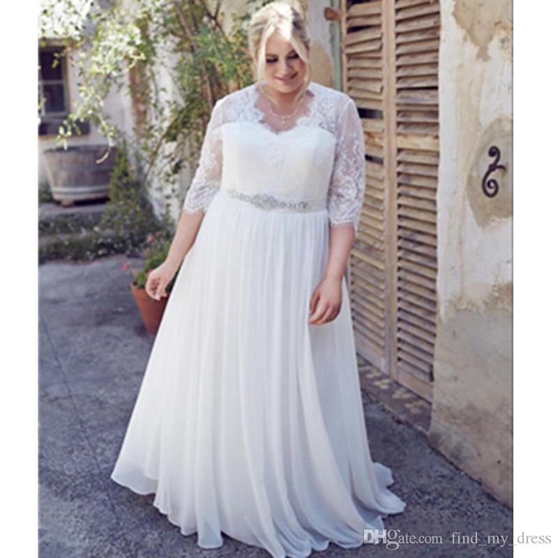 Plus Size Wedding Dresses Under 100 Awesome Discount Plus Size Wedding Dresses Chiffon Three Quarter Sleeve Beads A Line Sweep Train Lace Crystal Sash Bridal Gowns Charming See Through Elegant