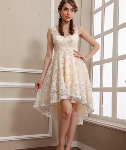 2015 Elegant Beige Lace Short Bride Gown Custom Hi Lo Beach Wedding Dresses V Neck Knee 640x640