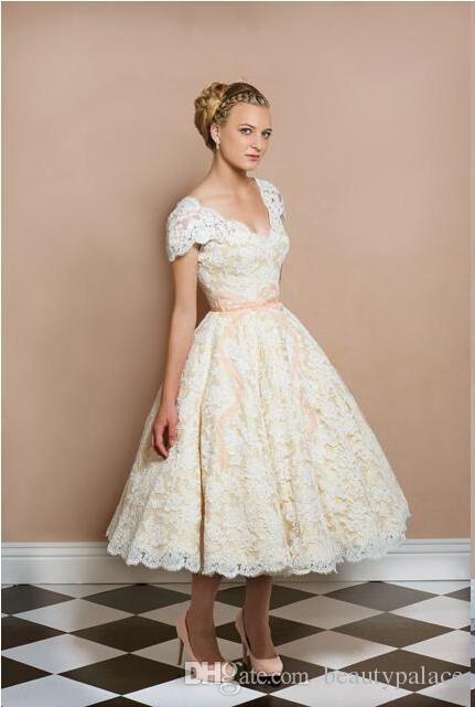 Plus Size Wedding Dresses with Sleeves Tea Length Best Of 1950 S Tea Length Vintage Wedding Dresses V Neck Short Sleeve Light Champagne Bridal Gowns Custom Made Short Reception Dress