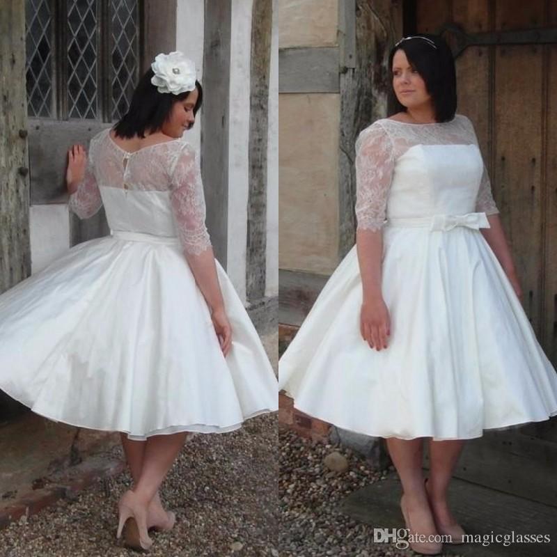 Plus Size Wedding Dresses with Sleeves Tea Length Inspirational Discount Ivory Lace Satin Half Sleeves Plus Size Vintage Tea Length Wedding Dresses Boat Neck 50s Informal Bridal Dress Wedding Gowns Plus Size Dress