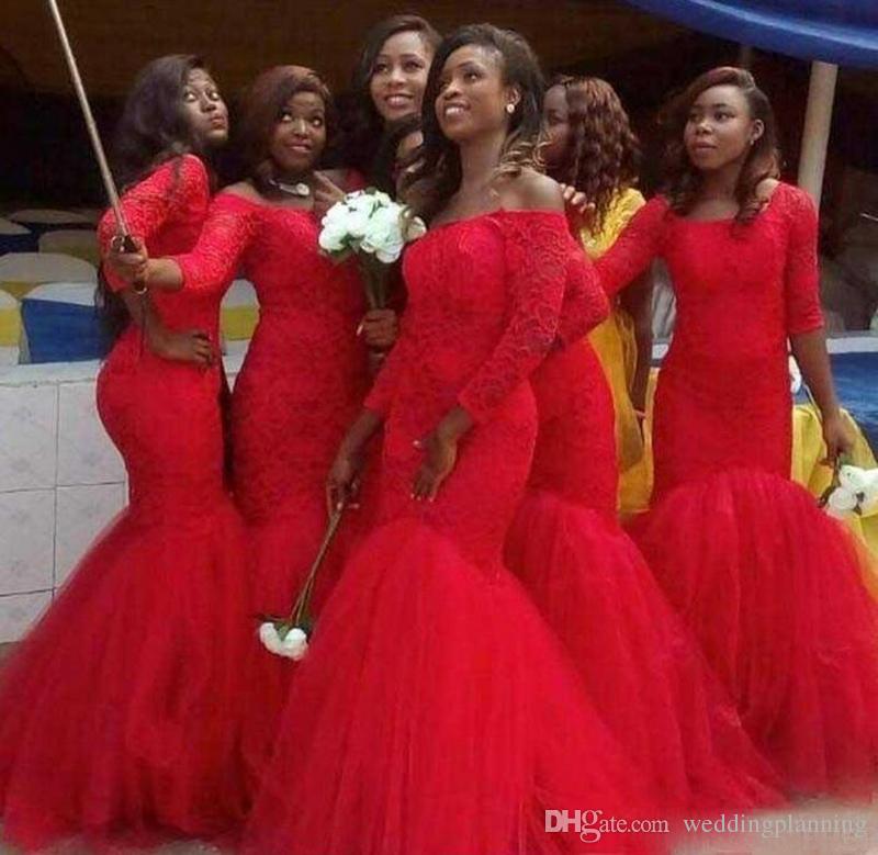 Plus Size Wedding Guest Dresses Cheap Awesome Plus Size Long Sleeve Lace Mermaid Bridesmaid Dresses Red Tulle Arabic Party Maid Honor evening Gowns for Wedding Guest 2017 Inexpensive
